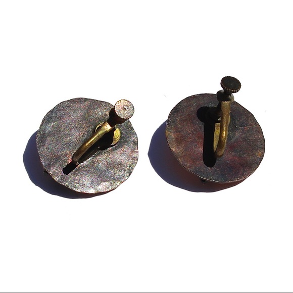Vintage Mid-Century Modernist Copper Screw Back Earrings Swirl Hammered Disc - Picture 2 of 3
